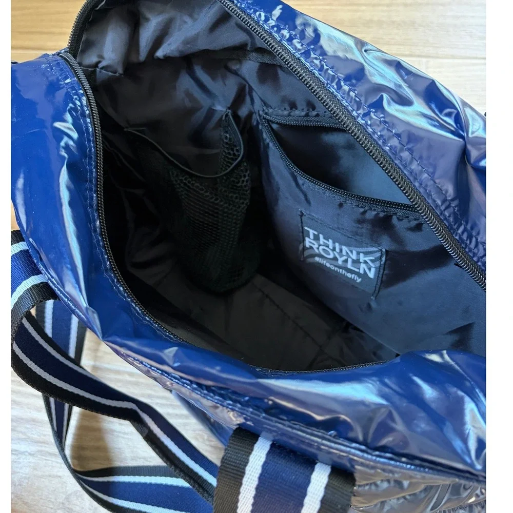 Think Royln Junior Wingman Puffer Tote Bag Navy Blue Patent Quilted Crossbody